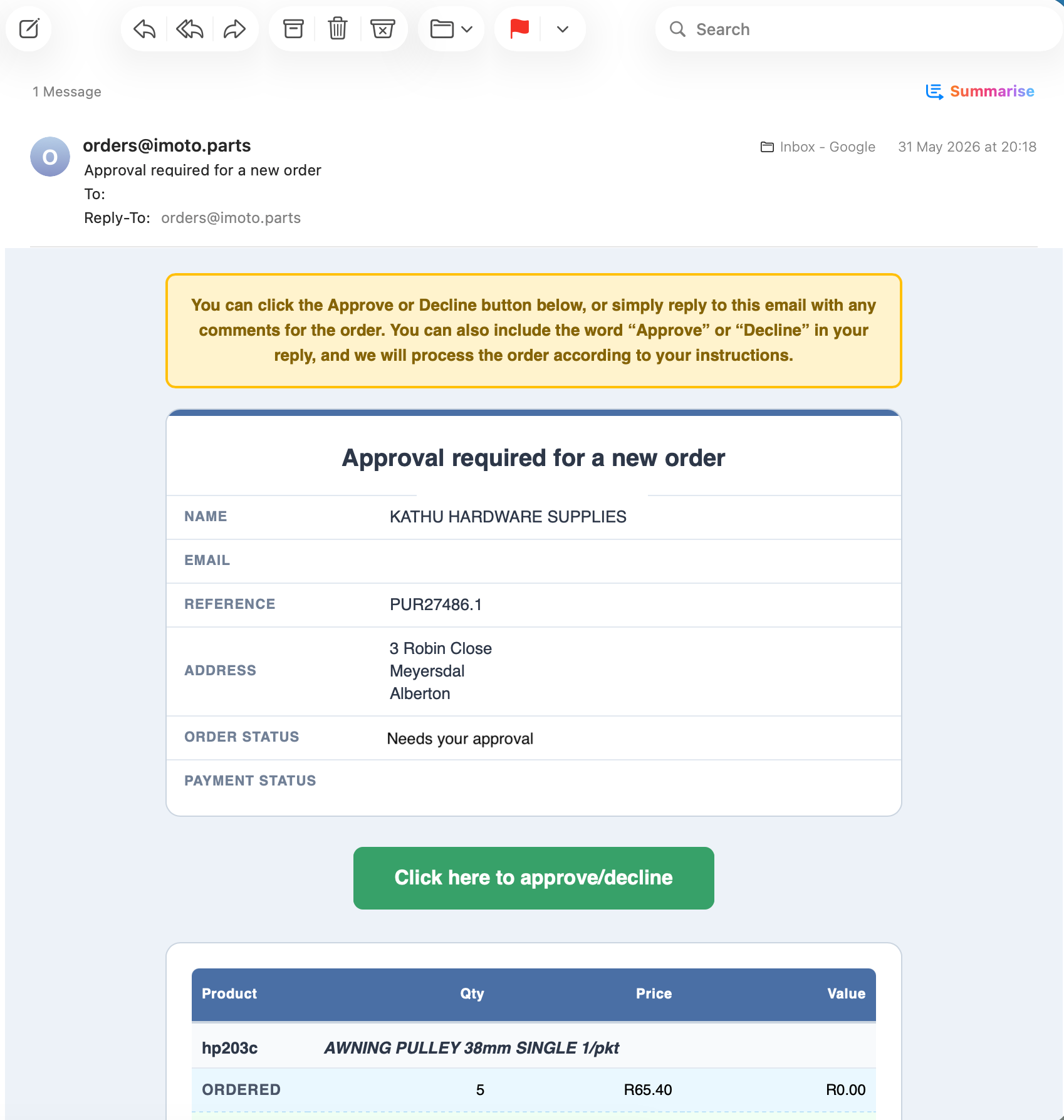 Customer approval confirmation